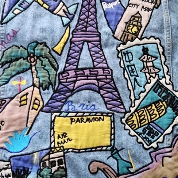 Silkscapes Women's Embroidered Travel The World Blue Jean Jacket Size Small Vtg - Picture 5 of 16